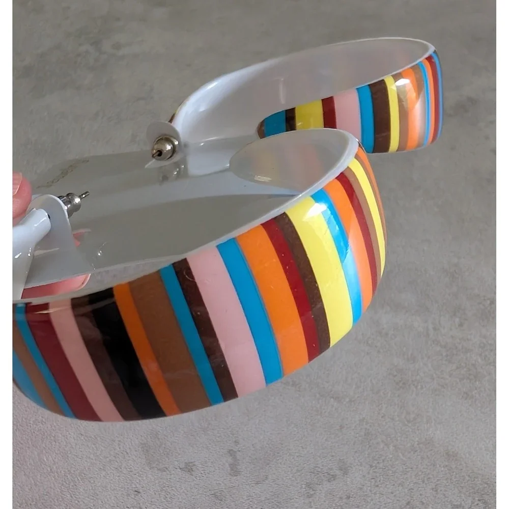 Vintage Multi Colored Striped Plastic Tapered Open Ended Hoop Pierced Earrings